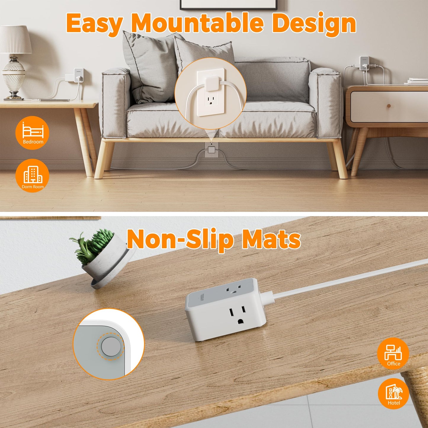 TESSAN Small Flat Plug Power Strip, Ultra Thin Extension Cord 5 ft, 3 AC Outlets with 3 USB Ports (1 USB C), Multiple Wall Outlet Extender for Cruise Travel Office School Dorm Room Essentials