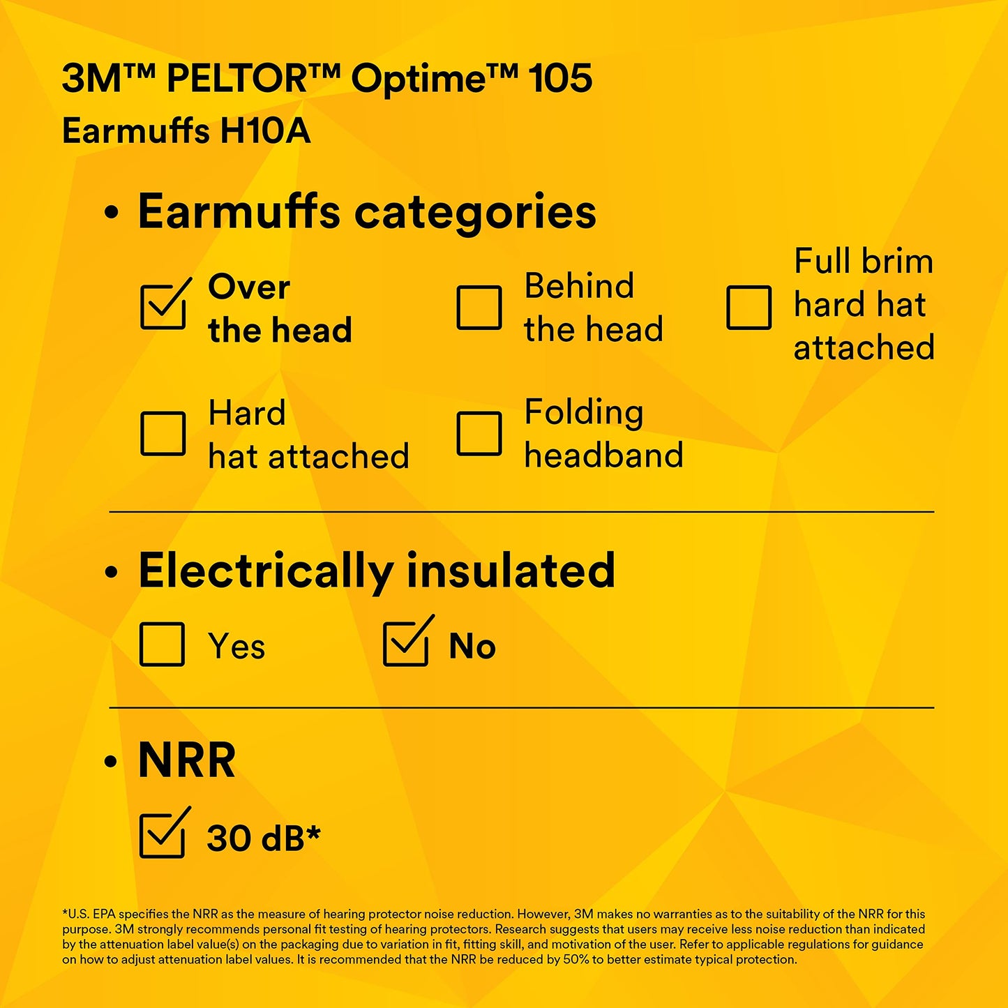 3M H10A Peltor Optime 105 Over the Head Earmuff, Ear Protectors, Hearing Protection, NRR 30 dB