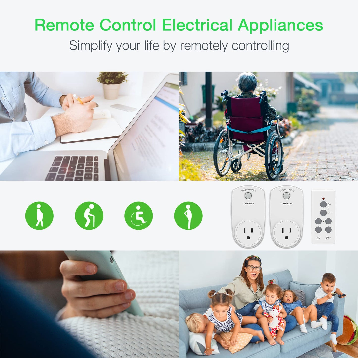 Remote Control Outlet, TESSAN Wireless Electrical Plug Switch for Lights, Lamps, Fans, 100ft RF Range, 1200W (1 Remote + 1 Outlet)