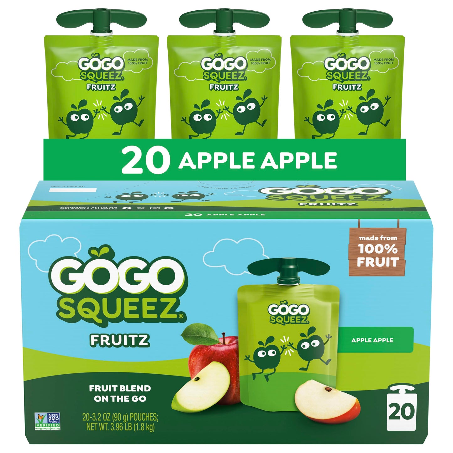GoGo squeeZ No Sugar Added Applesauce and Fruit Puree Variety Pack, Apple, Mango & Banana, 3.2 oz Pouches (Pack of 20), Fruit Snacks for Kids, Gluten Free, Nut Free, Recloseable Cap, BPA Free