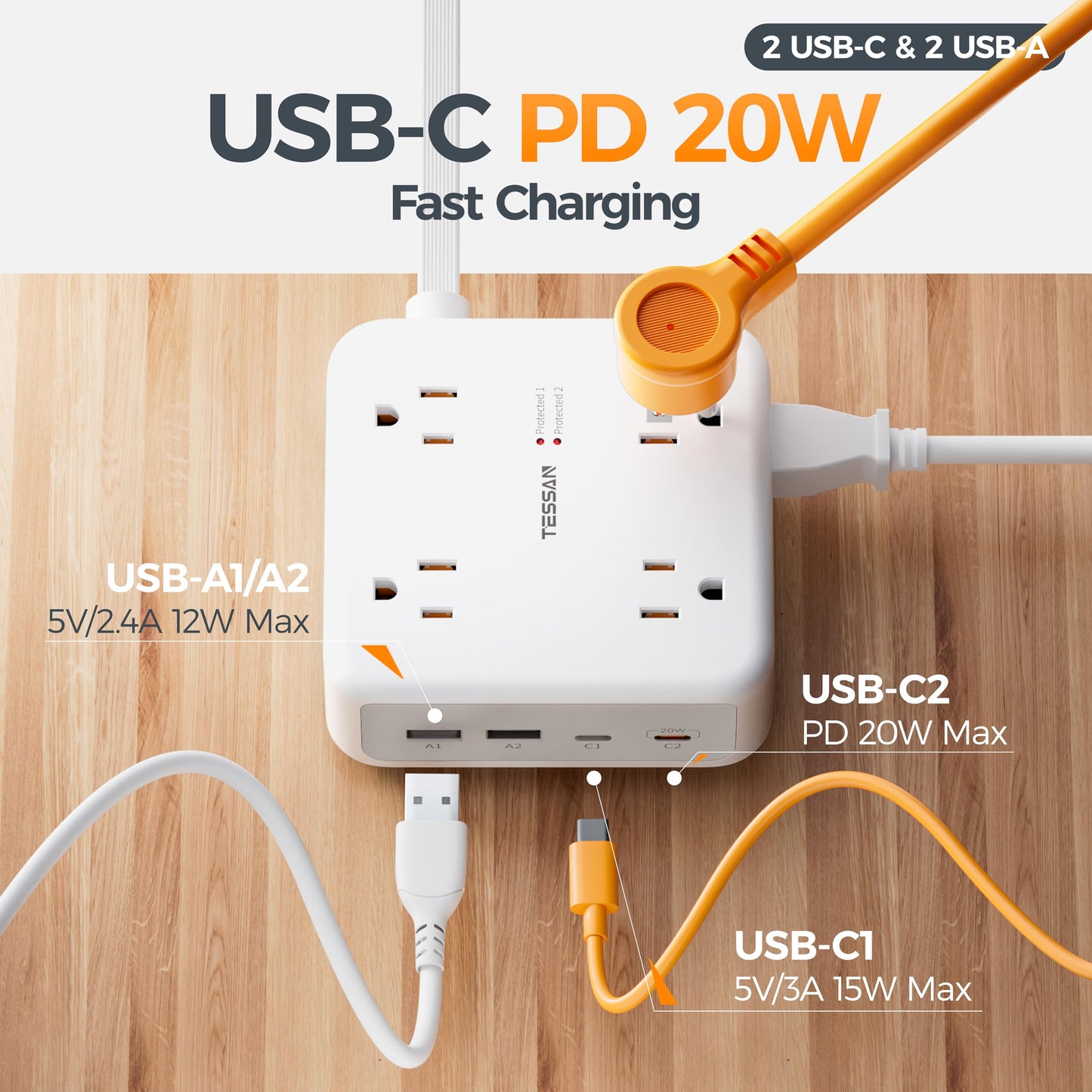 TESSAN Dual Surge Protector Power Strip, 5 Ft Extension Cord Flat Wall Plug with 4 USB (2 USB C) 8 Outlets, 2100J Surge Protection, 20W Multiple Charging Station for Home, Office, College, Dorm, Grey