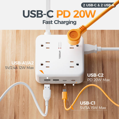 TESSAN Dual Surge Protector Power Strip, 5 Ft Extension Cord Flat Wall Plug with 4 USB (2 USB C) 8 Outlets, 2100J Surge Protection, 20W Multiple Charging Station for Home, Office, College, Dorm, Grey