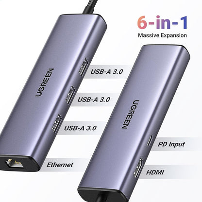 UGREEN Revodok 6 in 1 USB C Hub Gigabit Ethernet Adapter with 4K HDMI, 100W PD Charging, USB A Data Ports Compatible with Mac M1, M2, M3, M4,M5,iPad, iPhone 16 Pro/Pro Max, Steam Deck