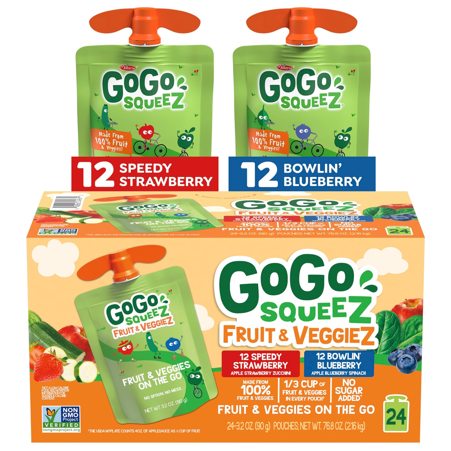 GoGo squeeZ No Sugar Added Fruit & veggieZ Applesauce and Puree Variety Pack, Jurassic Pear, Roarrrr Berry & Prehistoric Peach, 3.2 oz Pouches (Pack of 20), Fruit Snacks for Kids, Gluten Free, Nut Free, Recloseable Cap, BPA Free