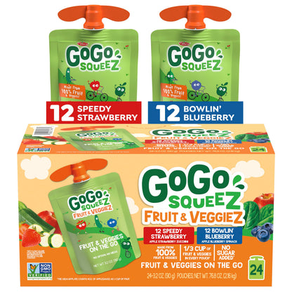 GoGo squeeZ No Sugar Added Fruit & veggieZ Applesauce and Puree Variety Pack, Jurassic Pear, Roarrrr Berry & Prehistoric Peach, 3.2 oz Pouches (Pack of 20), Fruit Snacks for Kids, Gluten Free, Nut Free, Recloseable Cap, BPA Free
