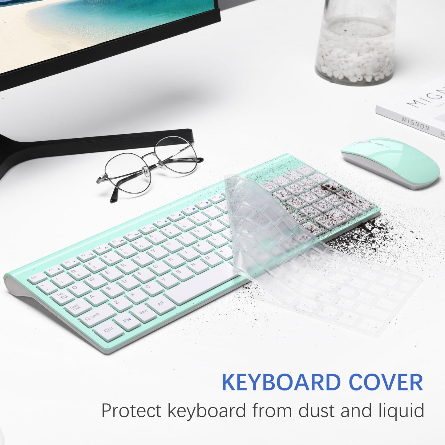 TopMate Wireless Keyboard and Mouse Ultra Slim Combo, 2.4G Silent Compact USB 2400DPI Mouse and Scissor Switch Keyboard Set with Cover, Batteries Included, for PC/Laptop/Windows/Mac - White