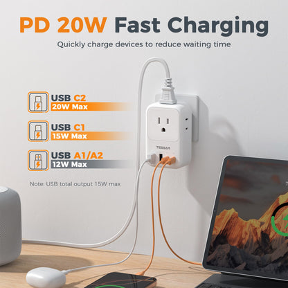 USB C Charger Block 20W, TESSAN PD Fast Charging Adapter with Foldable Plug, 1875W Power Outlet Extender(4 AC and 4 USB) for Cruise, Home, Office, Dorm