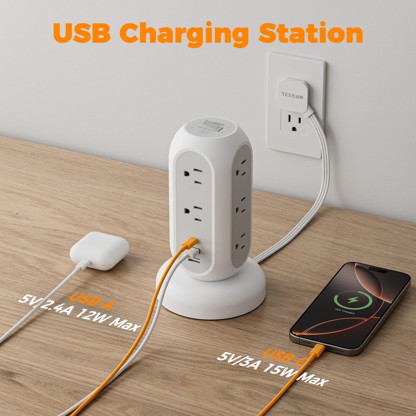 Tower Power Strip Flat Plug with 11 Outlets 3 USB (1 USB C), TESSAN Surge Protector Tower 1625W/13A,1050J Protection, 6 Feet Extension Cord with Multiple Outlets, Office Desk Supplies, Dorm Essentials