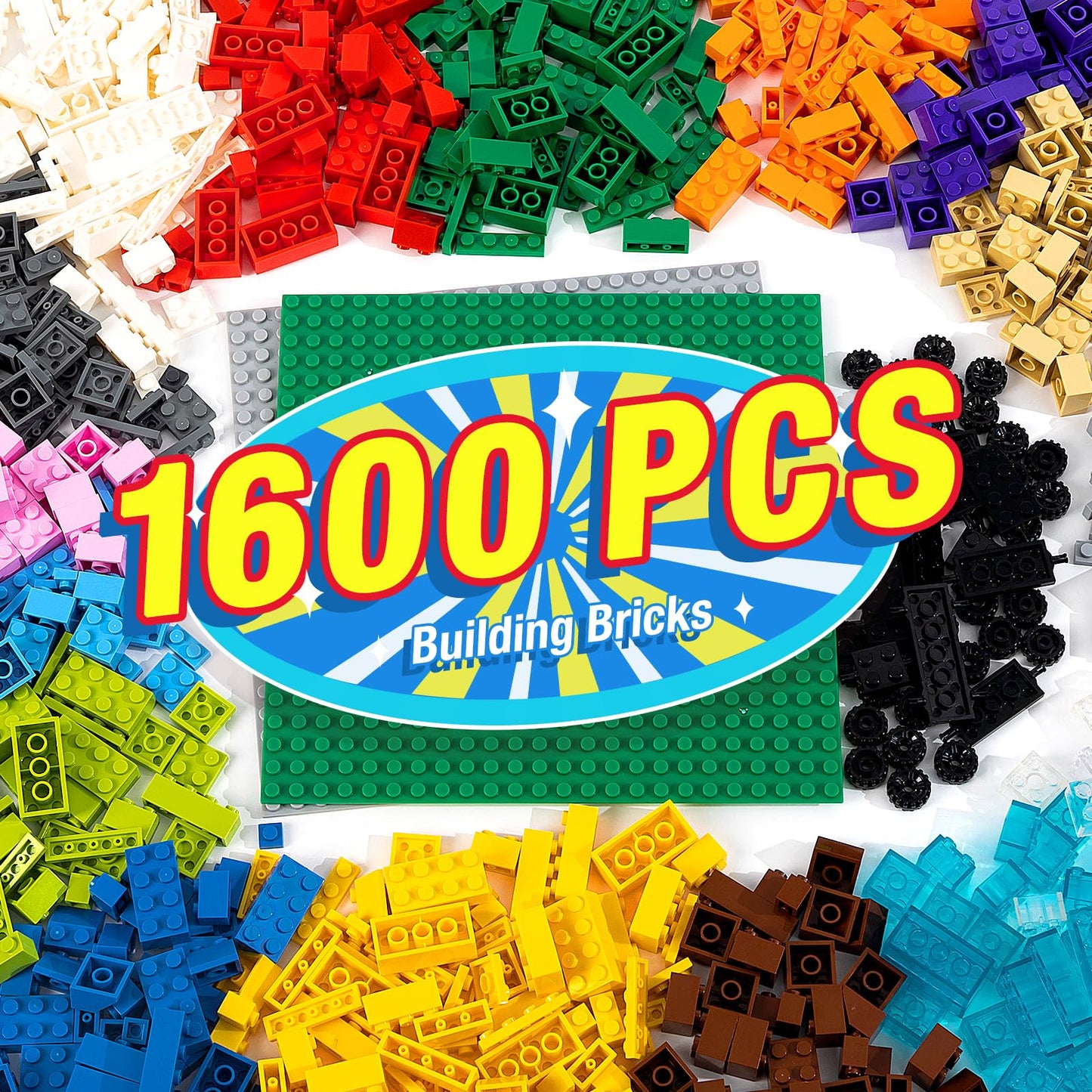 MANNIDOO 1600 Pieces Building Bricks, Building Bulk Block with 2 Packs 24x24 Studs Sticky Plate and 46PCS Wheel Accessory - Compatible with All Major Bricks, Gfits for Kid - 18 Shape/16 Colo