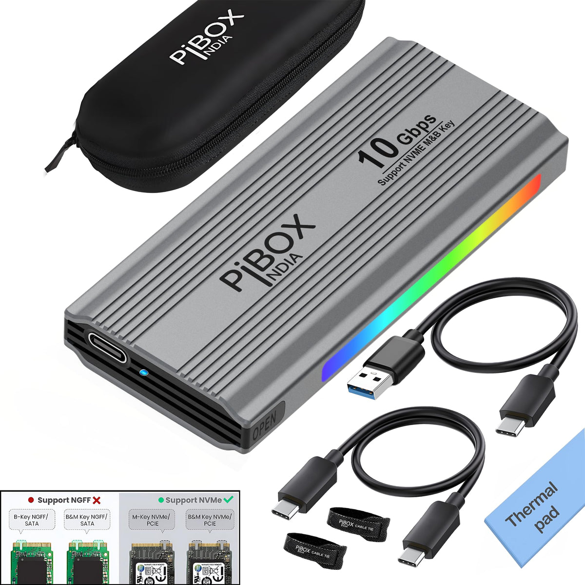 PiBOX India NVMe M2 Enclosure - Dual Protocol USB 3.2 Tool-Free Case, PCI-E Reader, USB-C, M & B+M Keys, 2230/2242/2260/2280 SSDs