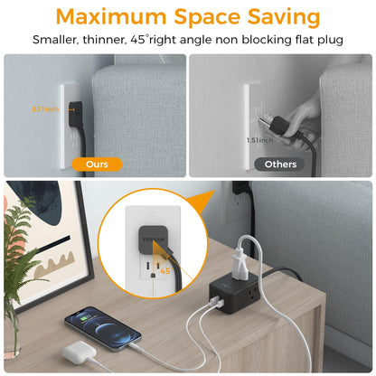 TESSAN Small Flat Plug Power Strip, Ultra Thin Extension Cord 5 ft, 3 AC Outlets with 3 USB Ports (1 USB C), Multiple Wall Outlet Extender for Cruise Travel Office School Dorm Room Essentials