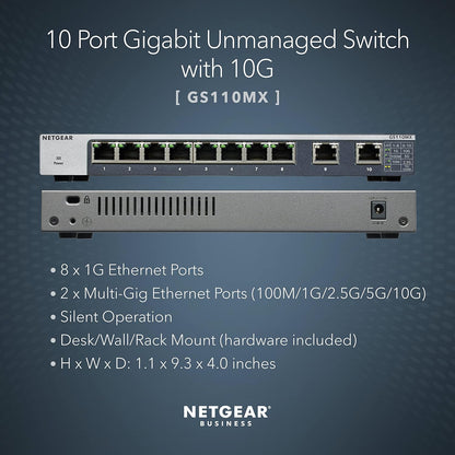 NETGEAR 10-Port Gigabit/10G Ethernet Unmanaged Switch (GS110MX) - with 8 x 1G, 2 x 10G/Multi-gig, Desktop, Wall or Rackmount, and Limited Lifetime Protection