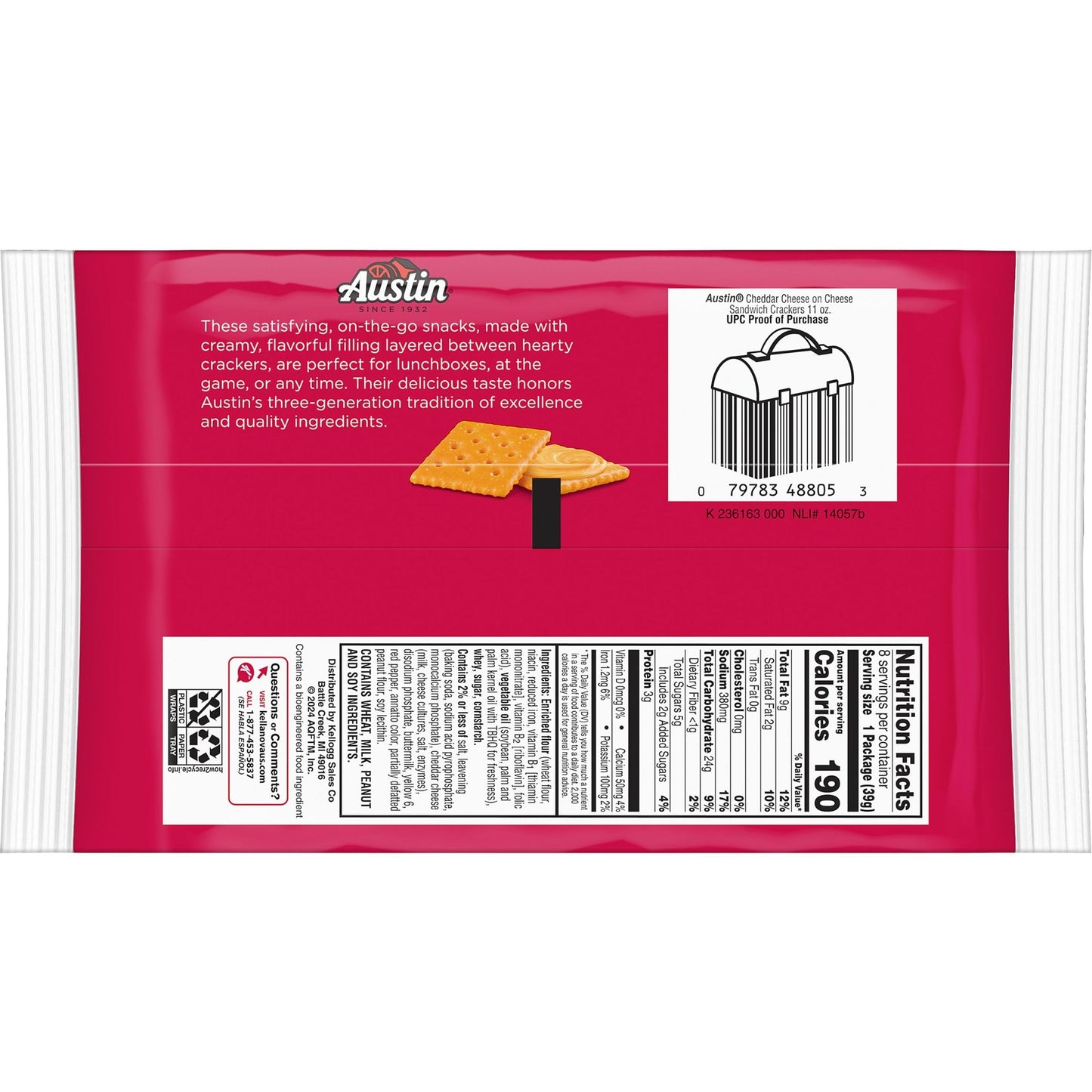 Austin Cheddar Cheese Flavored Sandwich Crackers, Lunch Snacks (12 Trays, 96 Packs)