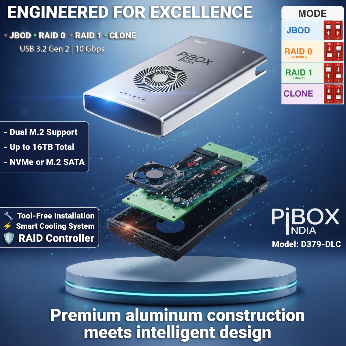 PiBOX India NVMe M2 Enclosure - Dual Protocol USB 3.2 Tool-Free Case, PCI-E Reader, USB-C, M & B+M Keys, 2230/2242/2260/2280 SSDs