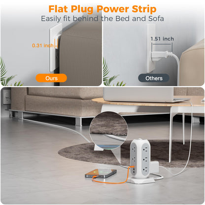 Tower Power Strip Flat Plug with 11 Outlets 3 USB (1 USB C), TESSAN Surge Protector Tower 1625W/13A,1050J Protection, 6 Feet Extension Cord with Multiple Outlets, Office Desk Supplies, Dorm Essentials