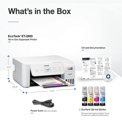 Epson EcoTank ET-2800 Wireless Color All-in-One Cartridge-Free Supertank with Scan and Copy, The Ideal Basic Home Printer - Black