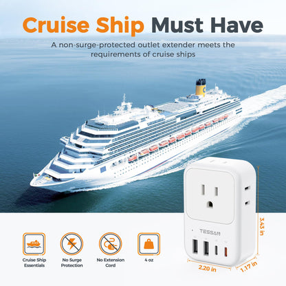 USB C Charger Block 20W, TESSAN PD Fast Charging Adapter with Foldable Plug, 1875W Power Outlet Extender(4 AC and 4 USB) for Cruise, Home, Office, Dorm