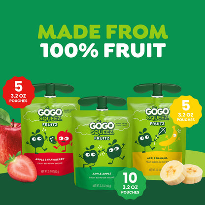 GoGo squeeZ No Sugar Added Applesauce and Fruit Puree Variety Pack, Apple, Mango & Banana, 3.2 oz Pouches (Pack of 20), Fruit Snacks for Kids, Gluten Free, Nut Free, Recloseable Cap, BPA Free