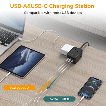 TESSAN Small Flat Plug Power Strip, Ultra Thin Extension Cord 5 ft, 3 AC Outlets with 3 USB Ports (1 USB C), Multiple Wall Outlet Extender for Cruise Travel Office School Dorm Room Essentials