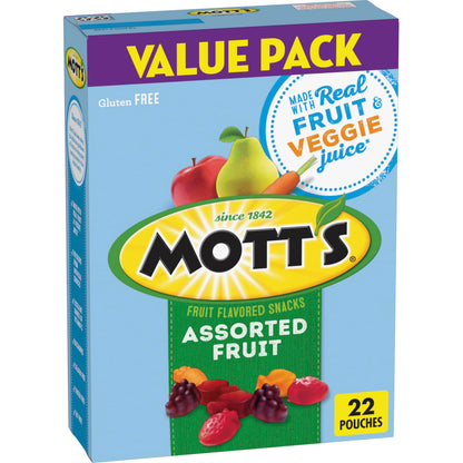 Mott's Fruit Flavored Snacks, Assorted Fruit, Gluten Free Snack, Value Pack, 22 Pouches, 17.6 oz (Pack of 6)