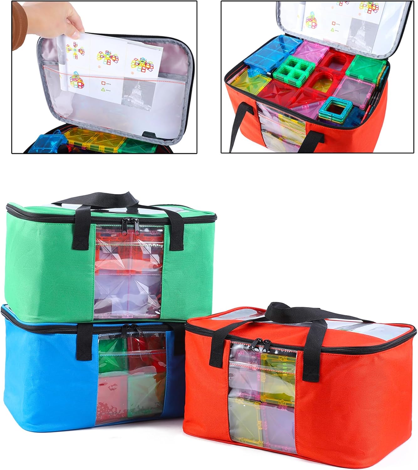3 PCS Large Toy Storage bag Compatible with Lego Bricks, Travel Organizer Case With Labels, Handles & Pockets For Toy Organizing, Travel case for Building Blocks, Dolls, Puzzles Blocks & Board Games