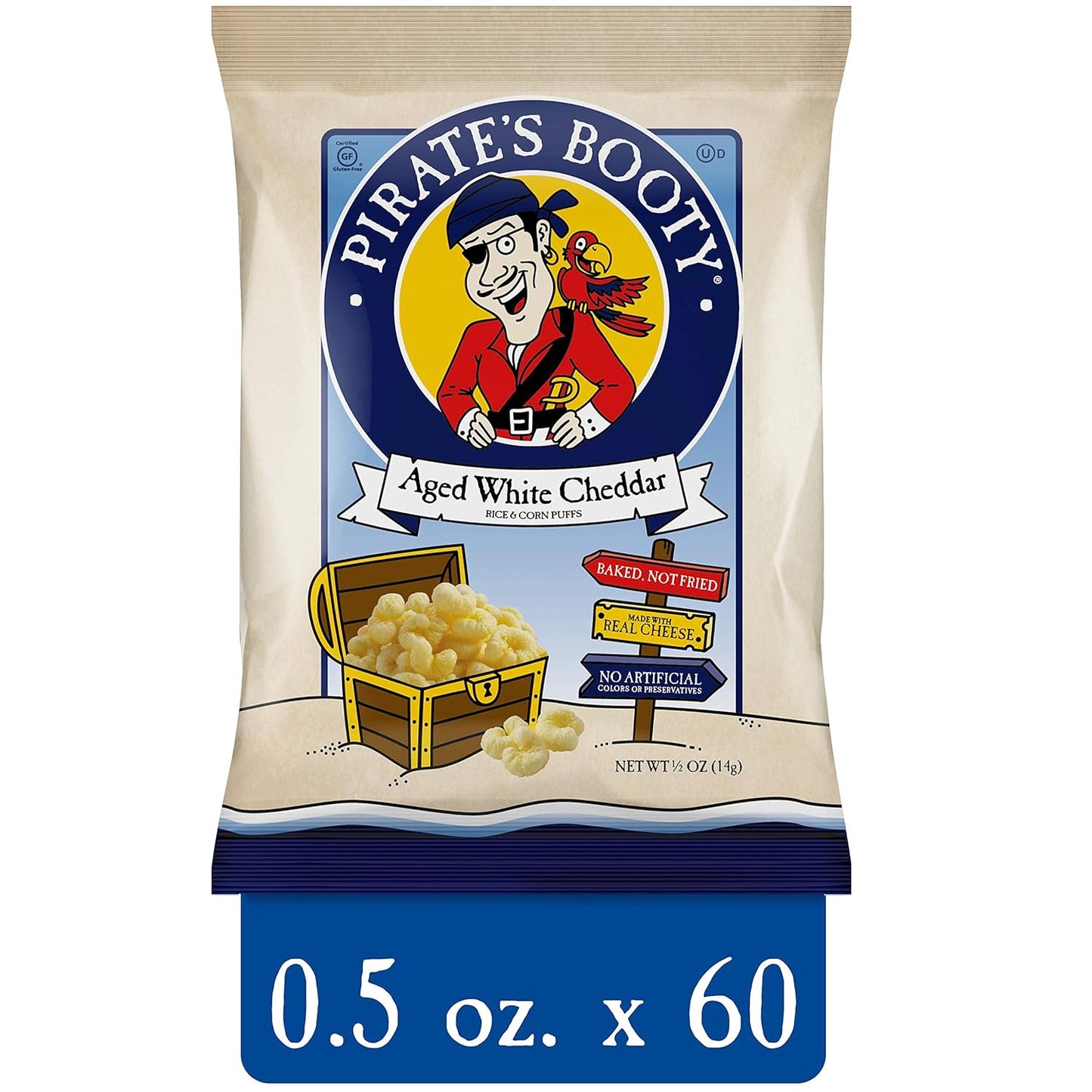 Pirate's Booty Aged White Cheddar Cheese Puffs, 60ct, 0.5oz Individual Size Bags, Gluten Free, Healthy Kids Snacks, 100 Calorie Packs