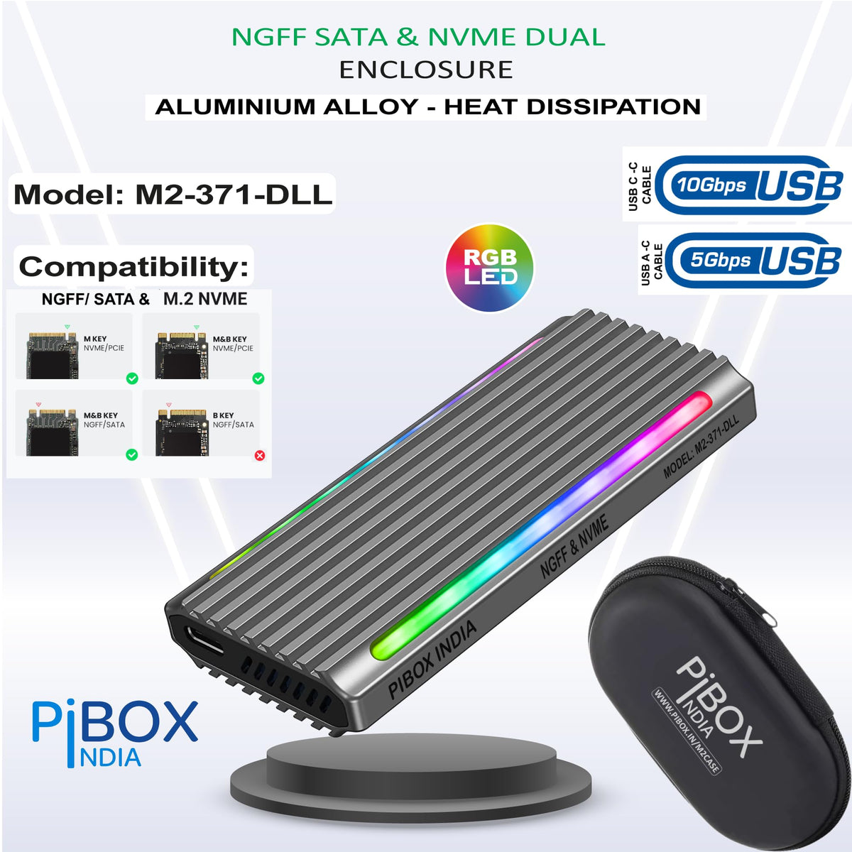 PiBOX India NVMe M2 Enclosure - Dual Protocol USB 3.2 Tool-Free Case, PCI-E Reader, USB-C, M & B+M Keys, 2230/2242/2260/2280 SSDs