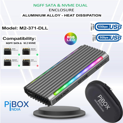 PiBOX India NVMe M2 Enclosure - Dual Protocol USB 3.2 Tool-Free Case, PCI-E Reader, USB-C, M & B+M Keys, 2230/2242/2260/2280 SSDs