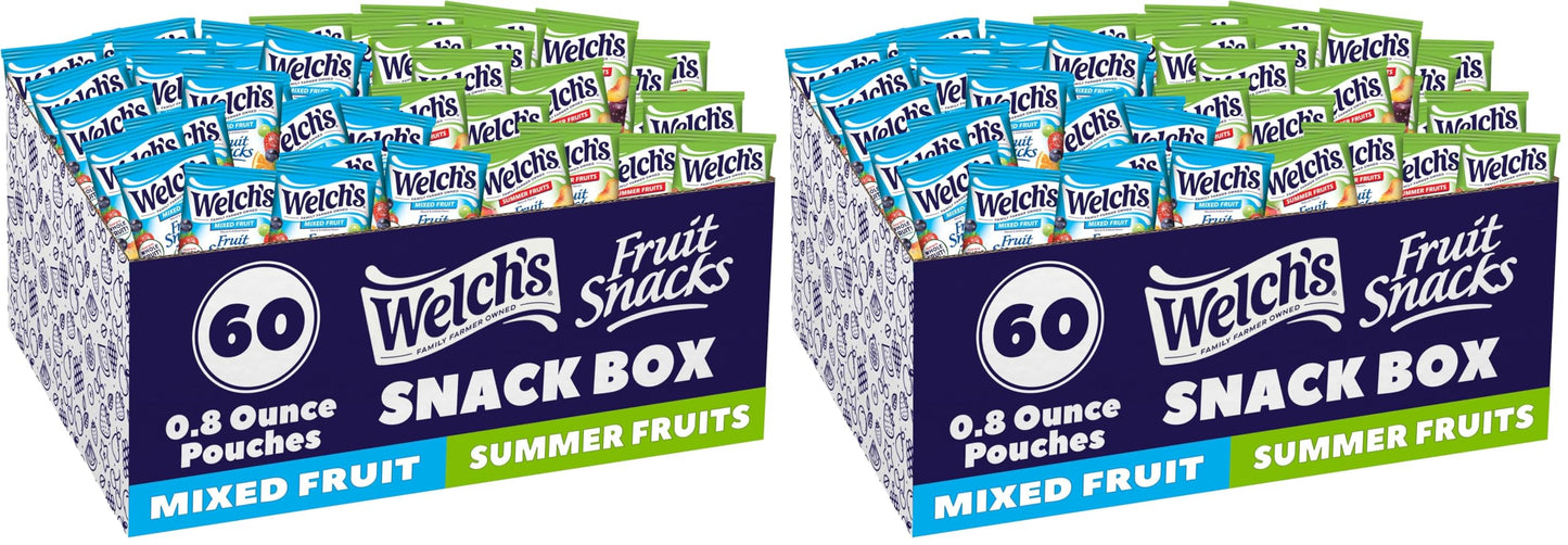 Welch's Fruit Snacks, Mixed Fruit & Summer Fruits Snack Box, Gluten Free, 0.8oz Snack Packs (Pack of 60)