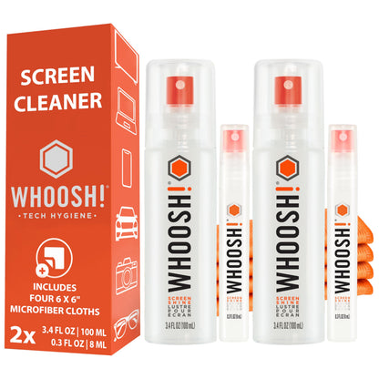 WHOOSH! Screen Shine Duo - Screen Cleaner Spray for iPad, Monitor, Laptop, MacBook - 3.4 oz & 0.3 oz Bottles with 2 Microfiber Cloths - Portable Electronic Cleaning Kit for Travel, Office, and Home