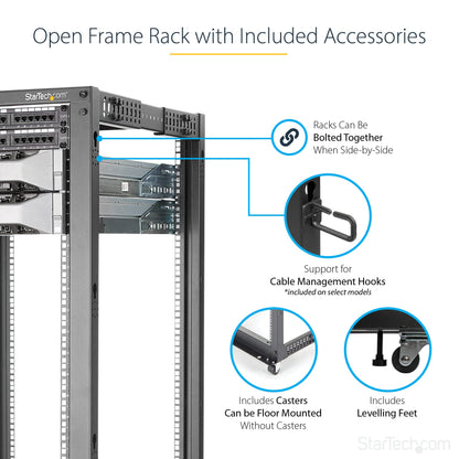 StarTech 42U 4-Post Server Rack, 19in Open Frame Rack with 40in (101cm) Mounting Depth and 1323lb (600kg) Weight Capacity, Mobile or Floor Mount IT Rack