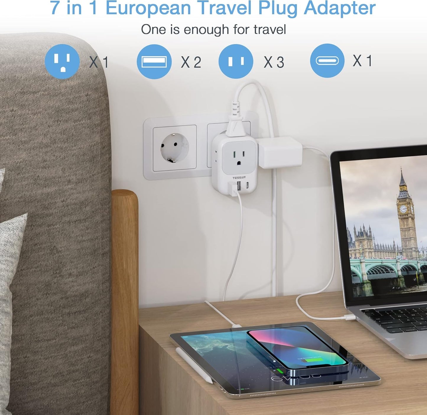 TESSAN European Travel Plug Adapter with 4 AC 3 USB (1 USB C PD 20W), Foldable Plug Type C, for US to Most of EU (Spain, France, Italy, Germany, Portugal, Iceland)