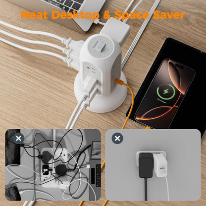 Tower Power Strip Flat Plug with 11 Outlets 3 USB (1 USB C), TESSAN Surge Protector Tower 1625W/13A,1050J Protection, 6 Feet Extension Cord with Multiple Outlets, Office Desk Supplies, Dorm Essentials