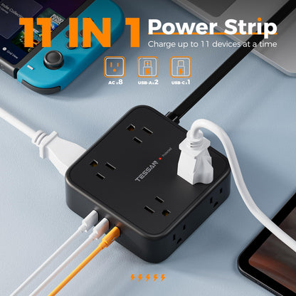 TESSAN Surge Protector Power Strip, 5 Ft Flat Plug Extension Cord with 3 USB (1 USB C) 8 Outlets, 1250W, 900J Protection, 3 Sided Outlet Extender with Power Switch for Office, Dorm Room, Grey