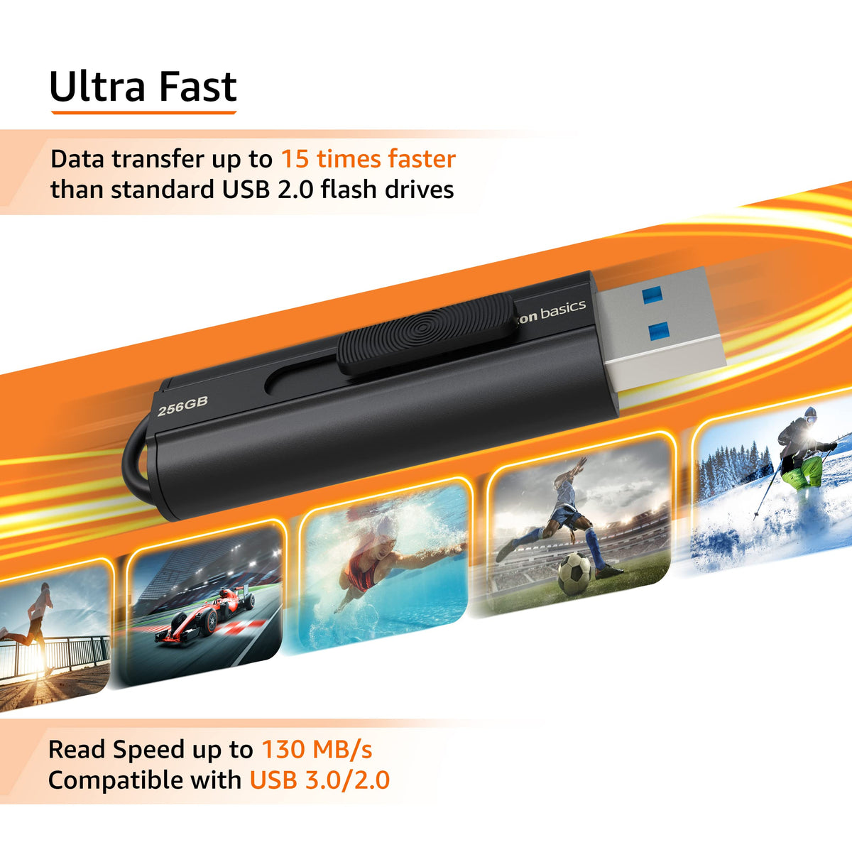Amazon Basics 128 GB Ultra Fast USB 3.1 Flash Drive, Retractable, High-Speed Data Transfer Storage Device, Black