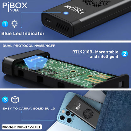 PiBOX India NVMe M2 Enclosure - Dual Protocol USB 3.2 Tool-Free Case, PCI-E Reader, USB-C, M & B+M Keys, 2230/2242/2260/2280 SSDs