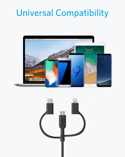 Anker Powerline II 3-in-1 Cable, Lightning/Type C/Micro USB Cable for iPhone, iPad, Huawei, HTC, LG, Samsung Galaxy, Sony Xperia, Android Smartphones, and More(3ft, White)