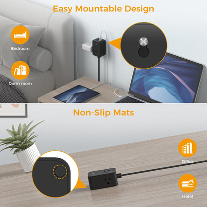 TESSAN Small Flat Plug Power Strip, Ultra Thin Extension Cord 5 ft, 3 AC Outlets with 3 USB Ports (1 USB C), Multiple Wall Outlet Extender for Cruise Travel Office School Dorm Room Essentials