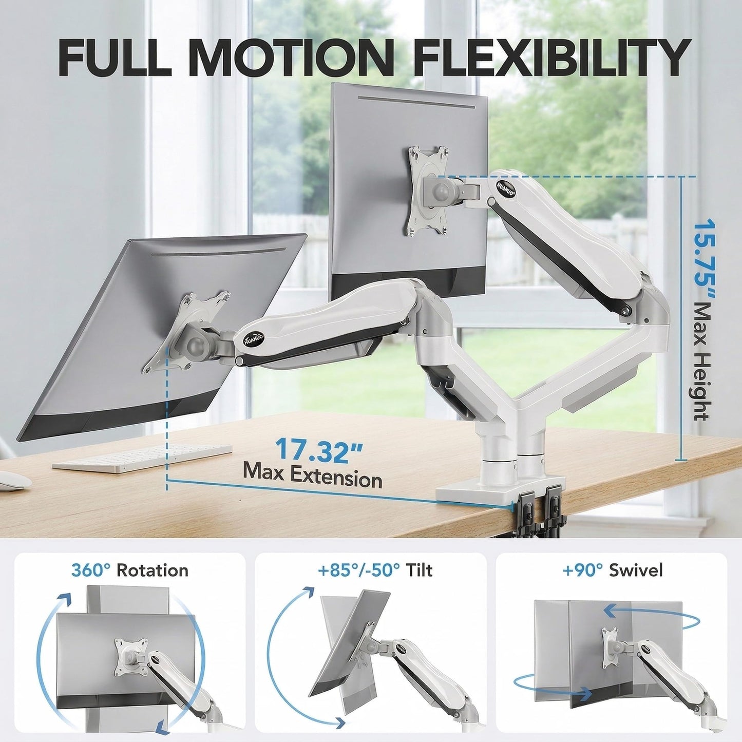 HUANUO FlowLift™ Dual Monitor Stand, Fully Adjustable Gaming Monitor Desk Mount for 13–32″ Computer Screens, Full Motion VESA 75x75/100x100 with C-Clamp & Grommet Base, Each Arm Holds 4.4 to 19.8 lbs