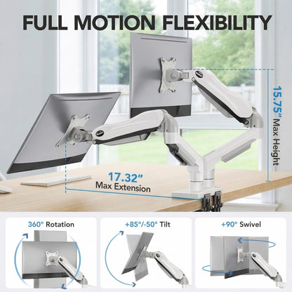HUANUO FlowLift™ Dual Monitor Stand, Fully Adjustable Gaming Monitor Desk Mount for 13–32″ Computer Screens, Full Motion VESA 75x75/100x100 with C-Clamp & Grommet Base, Each Arm Holds 4.4 to 19.8 lbs