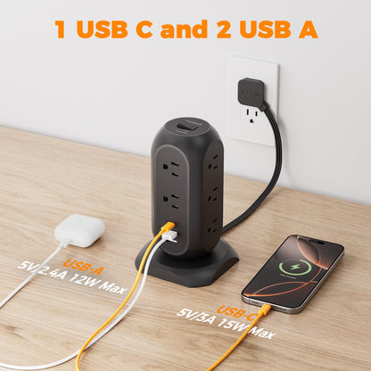 Tower Power Strip Flat Plug with 11 Outlets 3 USB (1 USB C), TESSAN Surge Protector Tower 1625W/13A,1050J Protection, 6 Feet Extension Cord with Multiple Outlets, Office Desk Supplies, Dorm Essentials