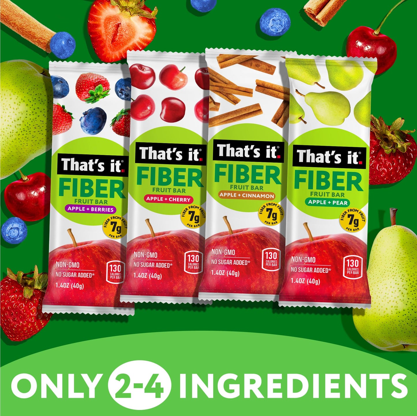 That’s it. High Fiber Fruit Bars Variety Pack (12 Count) – Cinnamon, Pear, Mixed Berries & Cherry, 7g Fiber from Real Fruit, 3-4 Ingredients, No Added Sugar, 130 Calories, Gluten-Free, Top 12 Allergen-Free, Non-GMO