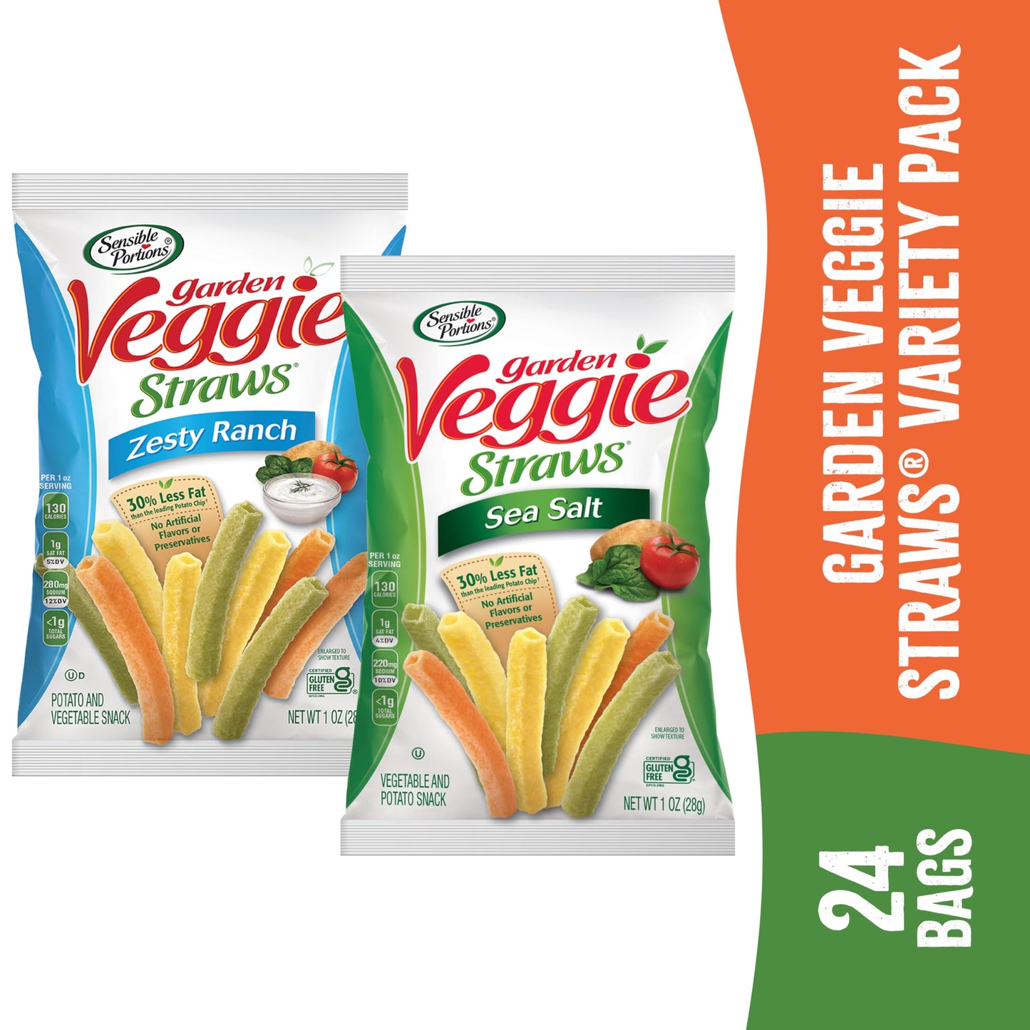 Sensible Portions Veggie Straws - Garden Snacks Variety Pack, Sea Salt, Ranch, Cheddar, Apple Cinnamon, Gluten Free Bulk Snacks, 1 Oz (Pack of 24)