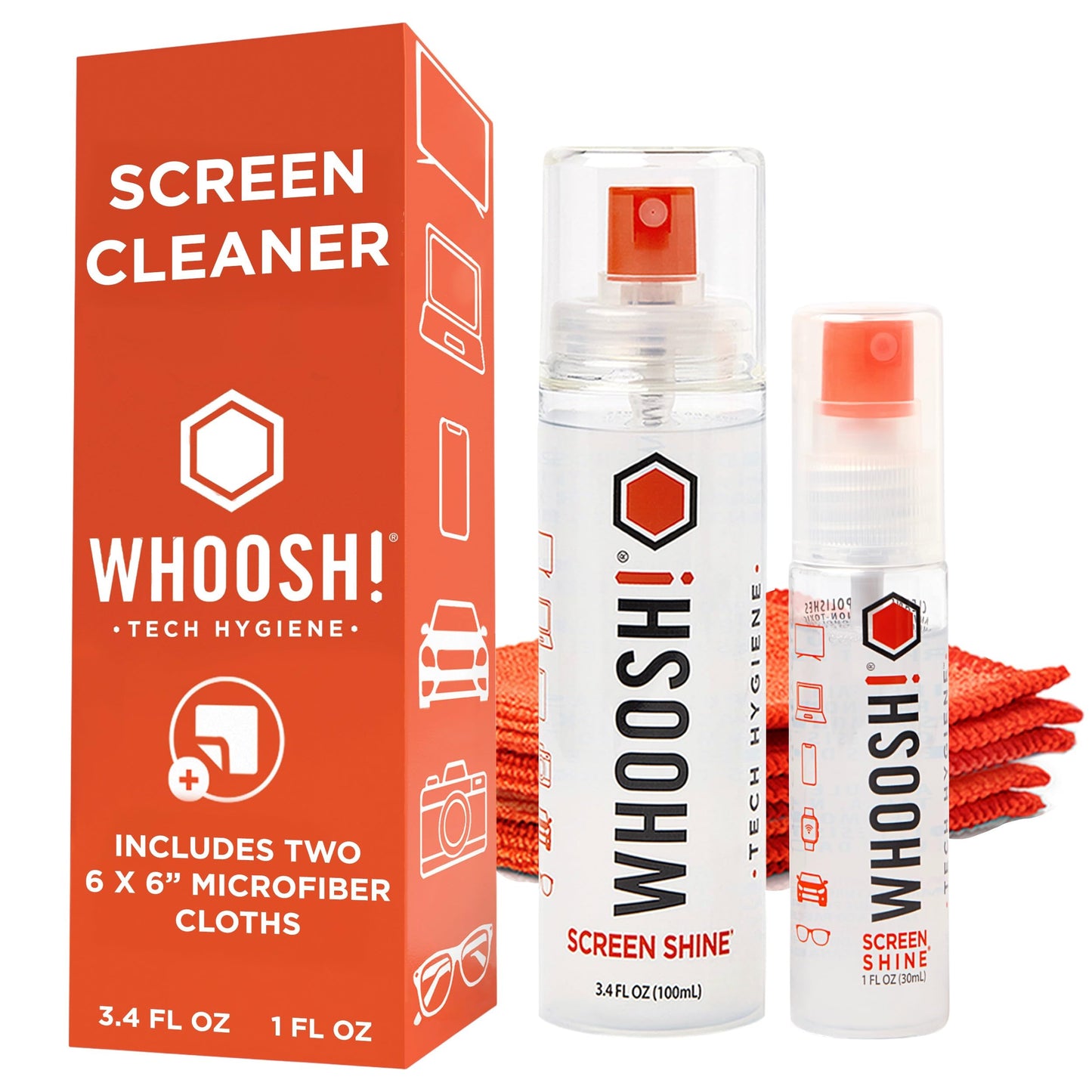 WHOOSH! Screen Shine Duo - Screen Cleaner Spray for iPad, Monitor, Laptop, MacBook - 3.4 oz & 0.3 oz Bottles with 2 Microfiber Cloths - Portable Electronic Cleaning Kit for Travel, Office, and Home