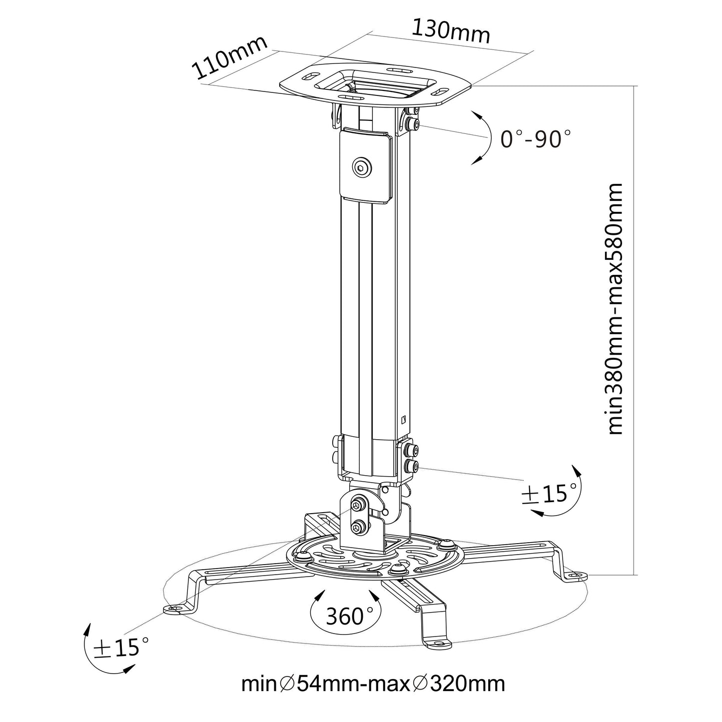 VIVO Universal Extending Ceiling Projector Mount, Height Adjustable Projection, White, MOUNT-VP02W
