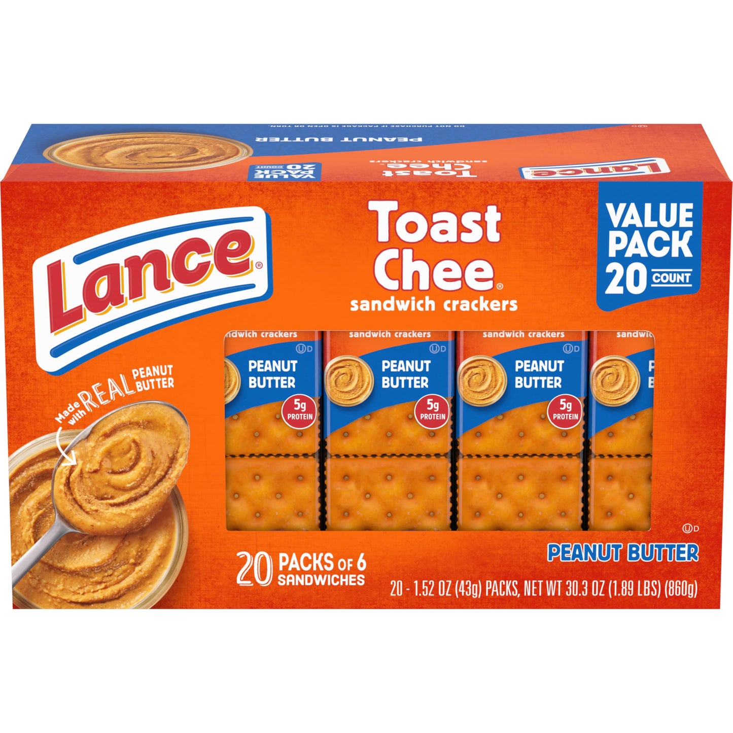 Lance Sandwich Crackers, Variety Pack, 3 Flavors, 20 Individually Wrapped Packs, 6 Sandwiches Each