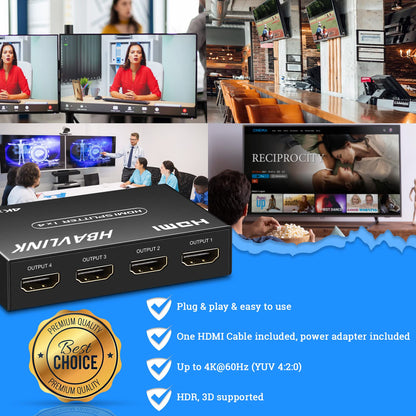 HDMI Splitter 1 in 2 Out 60Hz - HDCP Bypass 2.3, HDR, Dolby/DTS 5.1/7.1 - Compatible with Firestick 4k Max, PS3/PS5 & Elgato HD60s/x/Pro, Apple TV 4K, Retrotink, Roku Stick, NOT for Phone