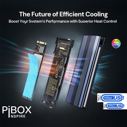 PiBOX India NVMe M2 Enclosure - Dual Protocol USB 3.2 Tool-Free Case, PCI-E Reader, USB-C, M & B+M Keys, 2230/2242/2260/2280 SSDs