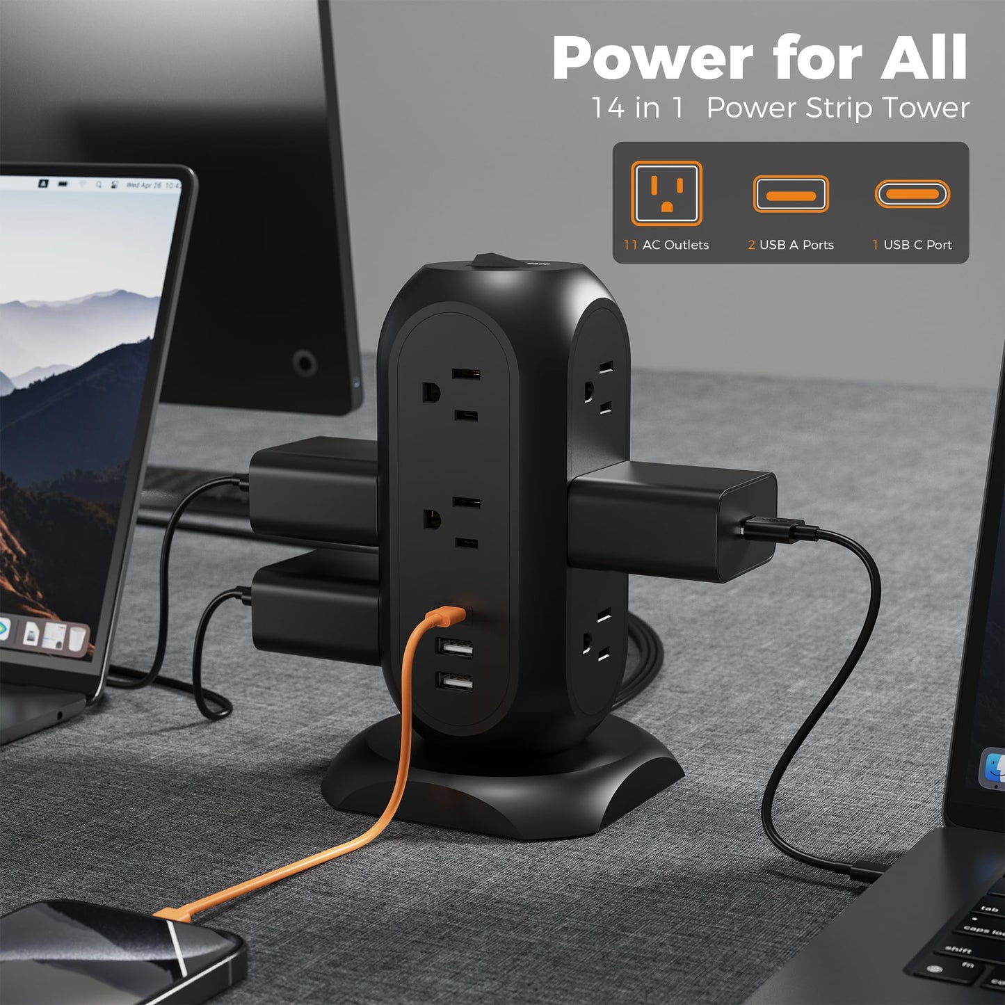 Tower Power Strip Flat Plug with 11 Outlets 3 USB (1 USB C), TESSAN Surge Protector Tower 1625W/13A,1050J Protection, 6 Feet Extension Cord with Multiple Outlets, Office Desk Supplies, Dorm Essentials