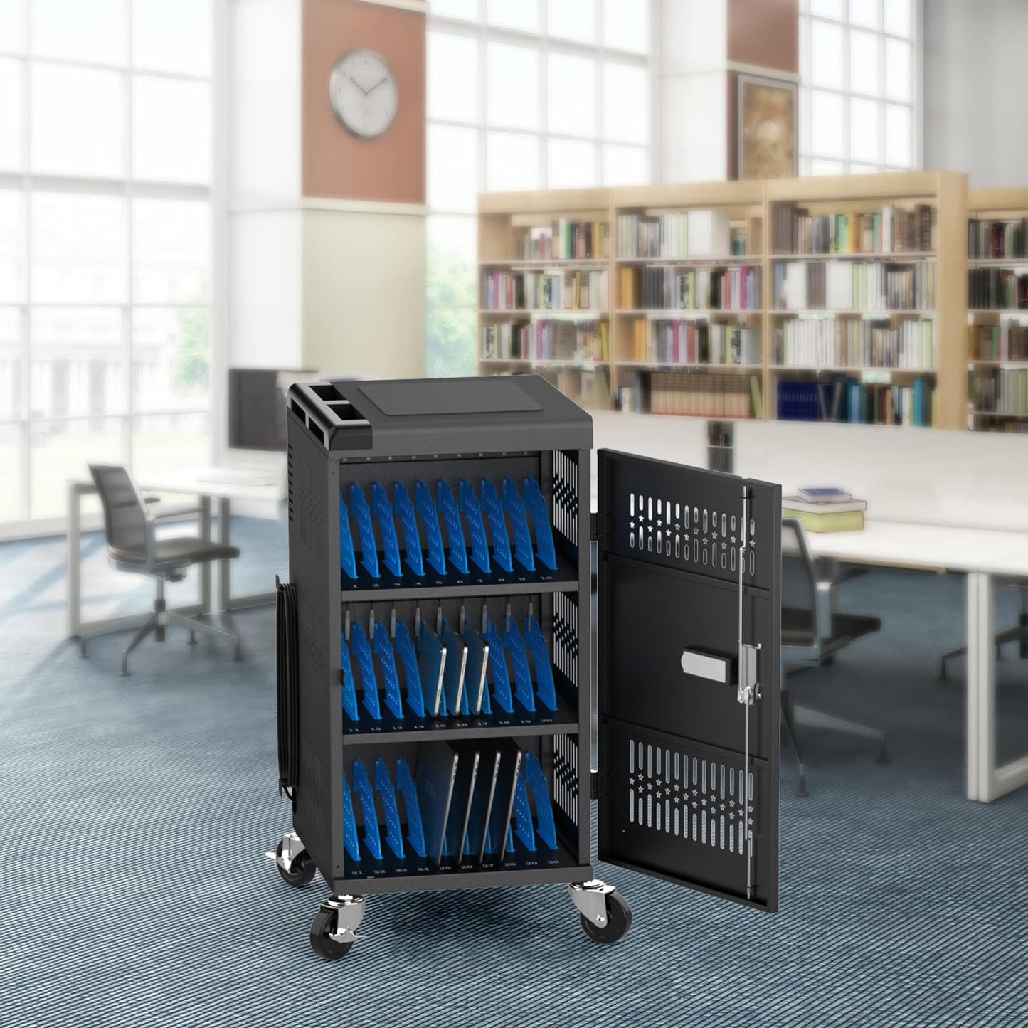 Fully Assembled 30 Bay Mobile Charging and Storage Cart for iPad, Chromebook and Laptop Computer with Keypad Lock,Up to 14-inch Screen Size,Surge Protection,Front & Back Access Locking Cabinet (Black)